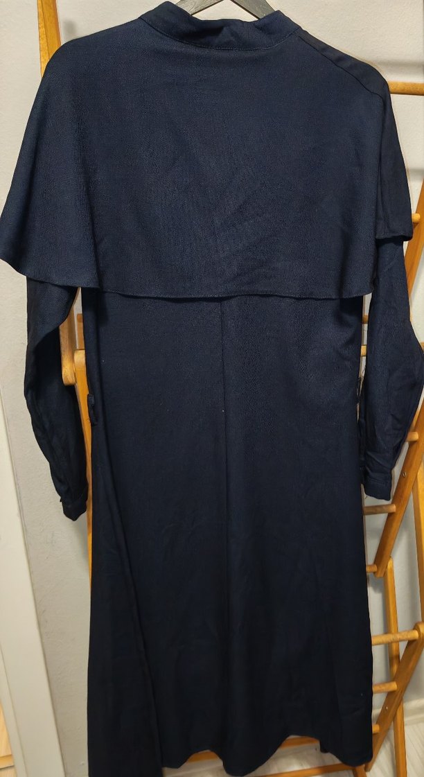 Lacivert pelerin Yaka Pamuklu Keten Midi Elbise - Görsel 3