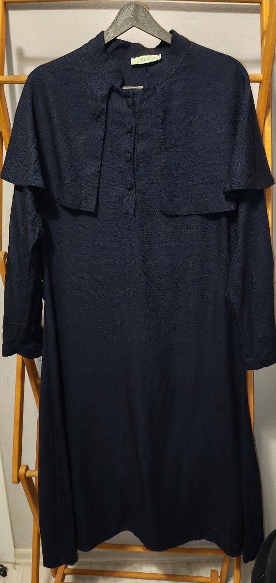 Lacivert pelerin Yaka Pamuklu Keten Midi Elbise - Görsel 4