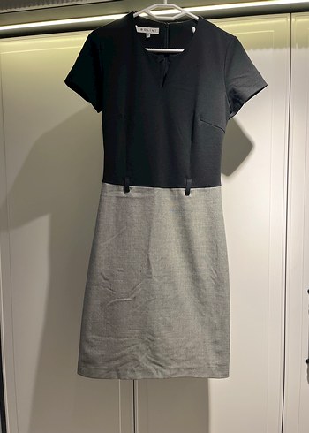 V Yaka Kısa Kollu Gri Ofis Elbisesi - Görsel 4