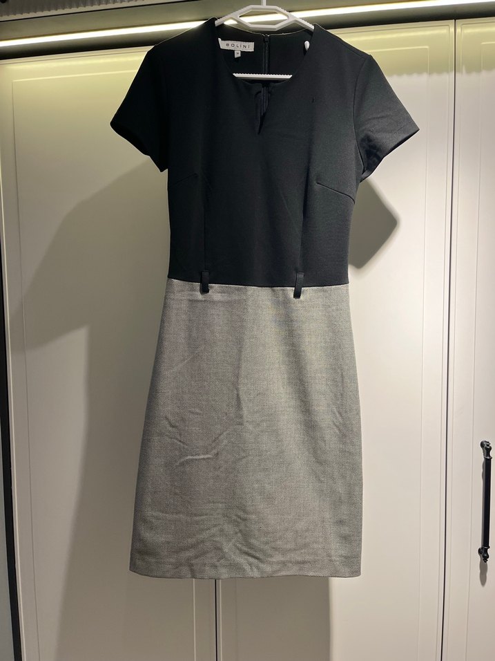 V Yaka Kısa Kollu Gri Ofis Elbisesi - Görsel 4