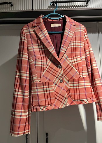 s Beden Düğmeli Kırmızı Ekose Kadın Blazer Ceket