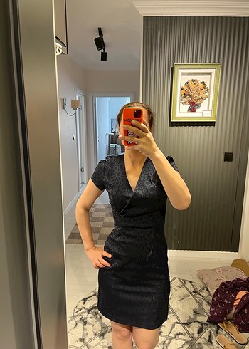 Siyah Yılan Desenli V Yaka Midi Elbise - Görsel 2