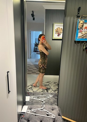 Kadife Şeffaf Detaylı Gri Yılan Desenli Midi Elbise - Görsel 3