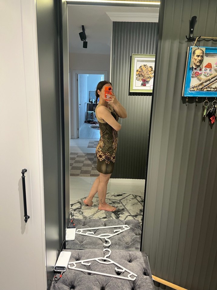 Kadife Şeffaf Detaylı Gri Yılan Desenli Midi Elbise - Görsel 3