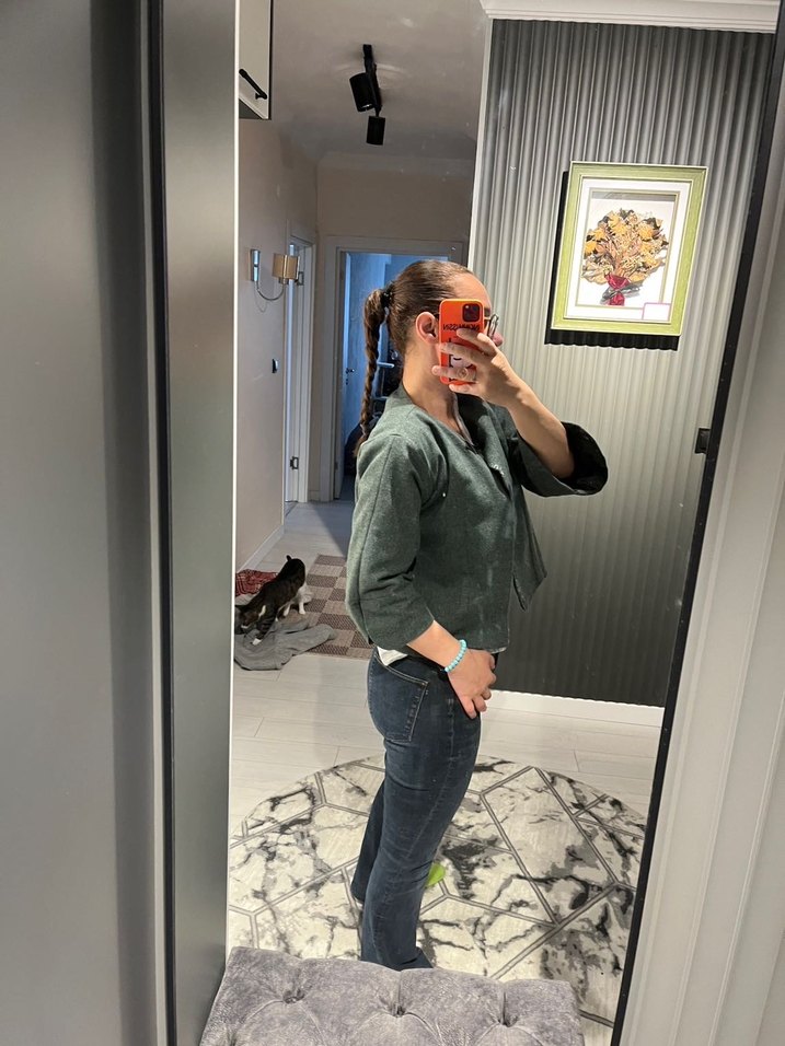 Gri Kadın Denim Ceket, Rahat Kesim - Görsel 2