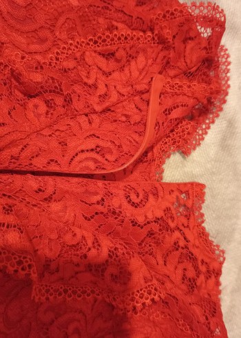 38 beden Kırmızı Dantel Mini Abiye Elbise - Görsel 6