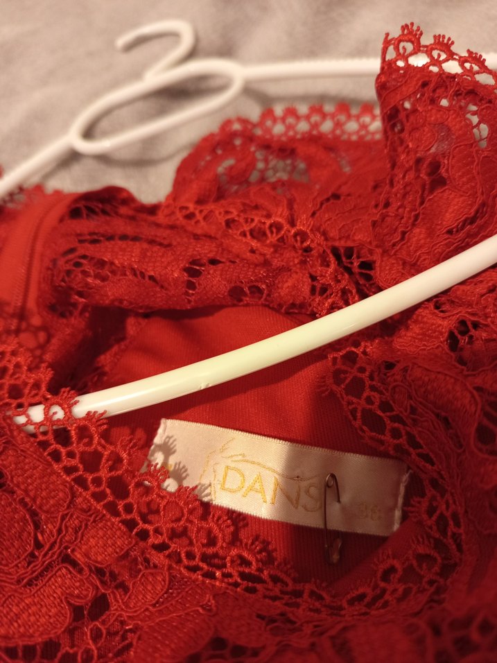 38 beden Kırmızı Dantel Mini Abiye Elbise - Görsel 3