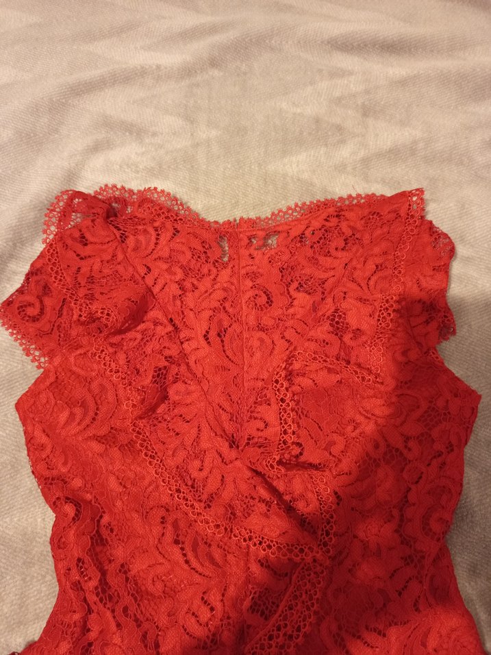 38 beden Kırmızı Dantel Mini Abiye Elbise - Görsel 5