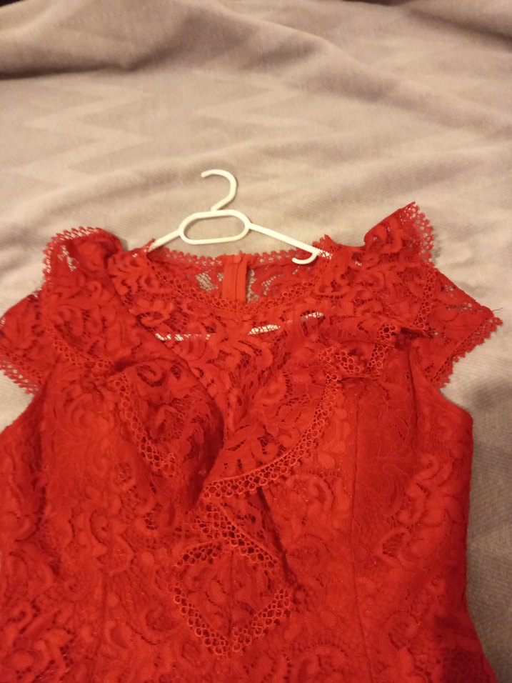 38 beden Kırmızı Dantel Mini Abiye Elbise - Görsel 2