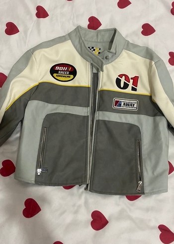 Gri Deri Biker Ceket, Düğmeli, Baskılı