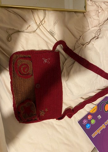 Bordo Nakışlı Örgü Bohem Kadın Çanta - Görsel 2