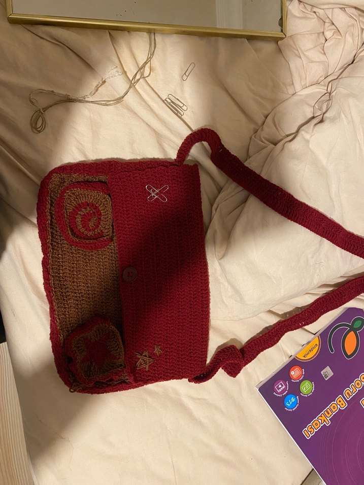 Bordo Nakışlı Örgü Bohem Kadın Çanta - Görsel 2