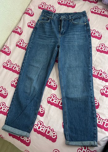 38 Beden Düğmeli Loose Fit Mavi Denim Kadın Jean