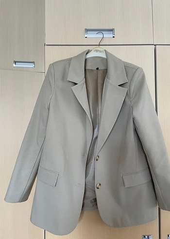 Bej Kadın Ofis Blazeri, Regular Fit, Midi Boy - Görsel 5