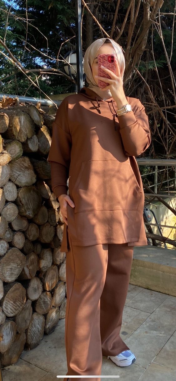 Kadın Kahverengi Rahat Kapüşonlu Eşofman Takımı - Görsel 4