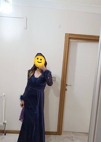 Lacivert Uzun Kollu V Yakalı Gotik Abiye Elbise