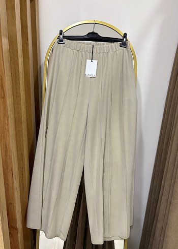 Kayra Bej Keten Piliseli bol paça pantolon - Görsel 2