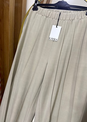 Kayra Bej Keten Piliseli bol paça pantolon - Görsel 4