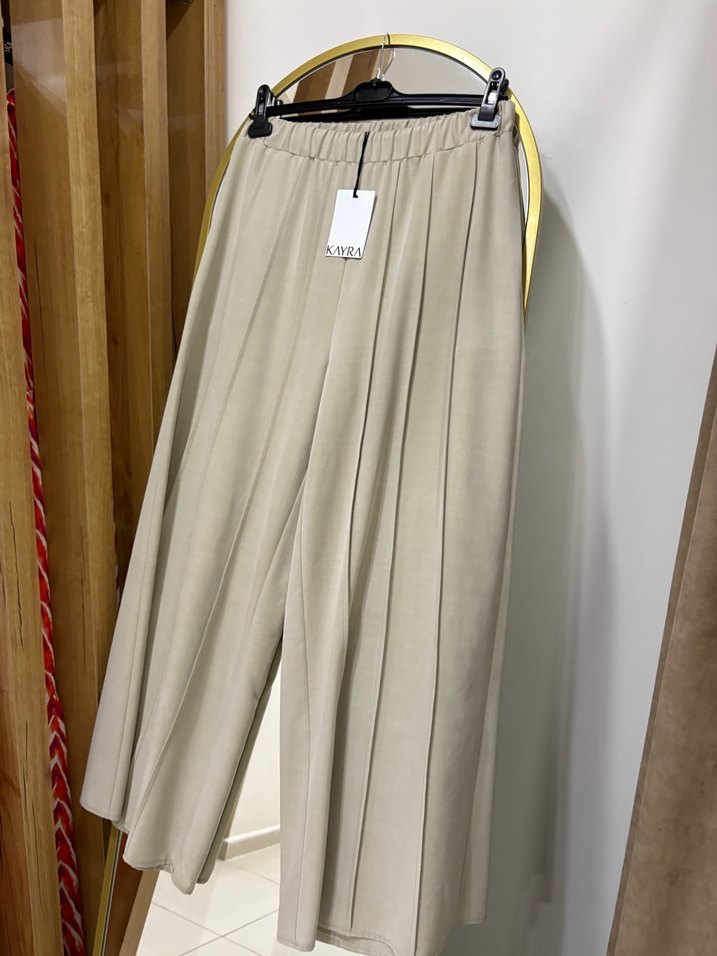 Kayra Bej Keten Piliseli bol paça pantolon - Görsel 3