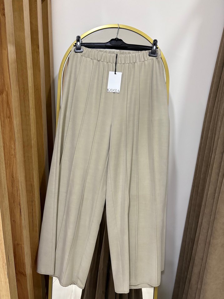Kayra Bej Keten Piliseli bol paça pantolon - Görsel 2