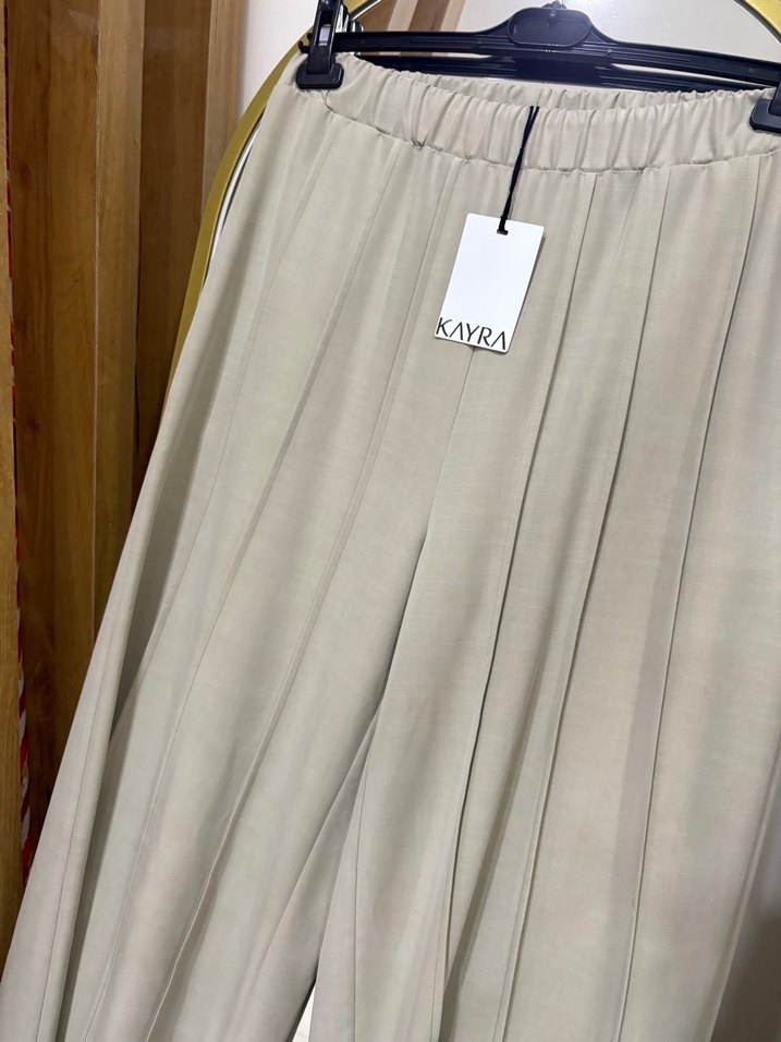 Kayra Bej Keten Piliseli bol paça pantolon - Görsel 4
