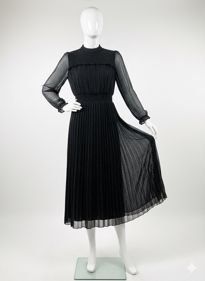 Uzun Kollu Siyah Puantiyeli Uzun Elbise markası yok - Görsel 2