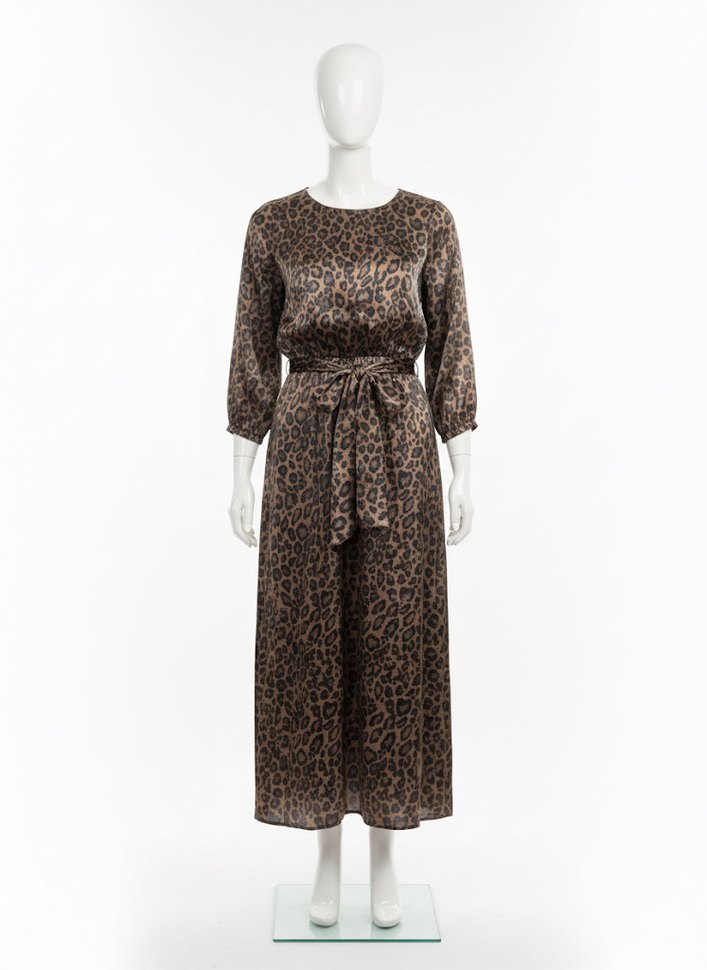 Kahverengi Leopar Desenli Uzun Elbise - Görsel 2