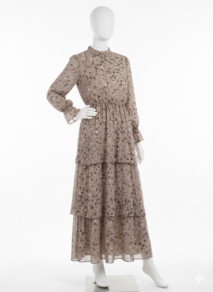 Bej Bohem desenli uzun kollu astarlı elbise - Görsel 2