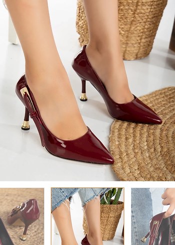 Bordo Parlak Deri Stiletto Tokalı Kadın Ayakkabı - Görsel 2
