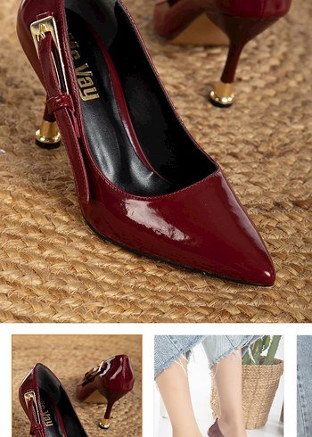 Bordo Parlak Deri Stiletto Tokalı Kadın Ayakkabı - Görsel 3