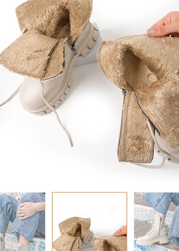 Krem Peluş Detaylı Blok Topuklu Kadın Bot - Görsel 2