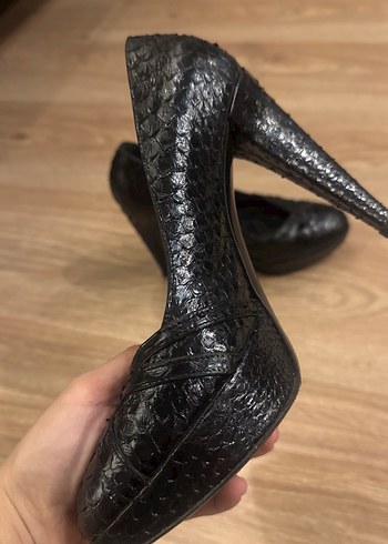 Siyah Yılan Derisi Desenli Platform Topuklu Stiletto - Görsel 3