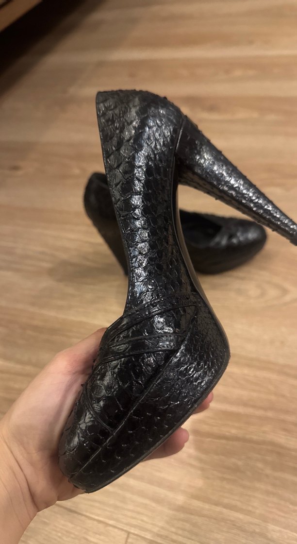 Siyah Yılan Derisi Desenli Platform Topuklu Stiletto - Görsel 3