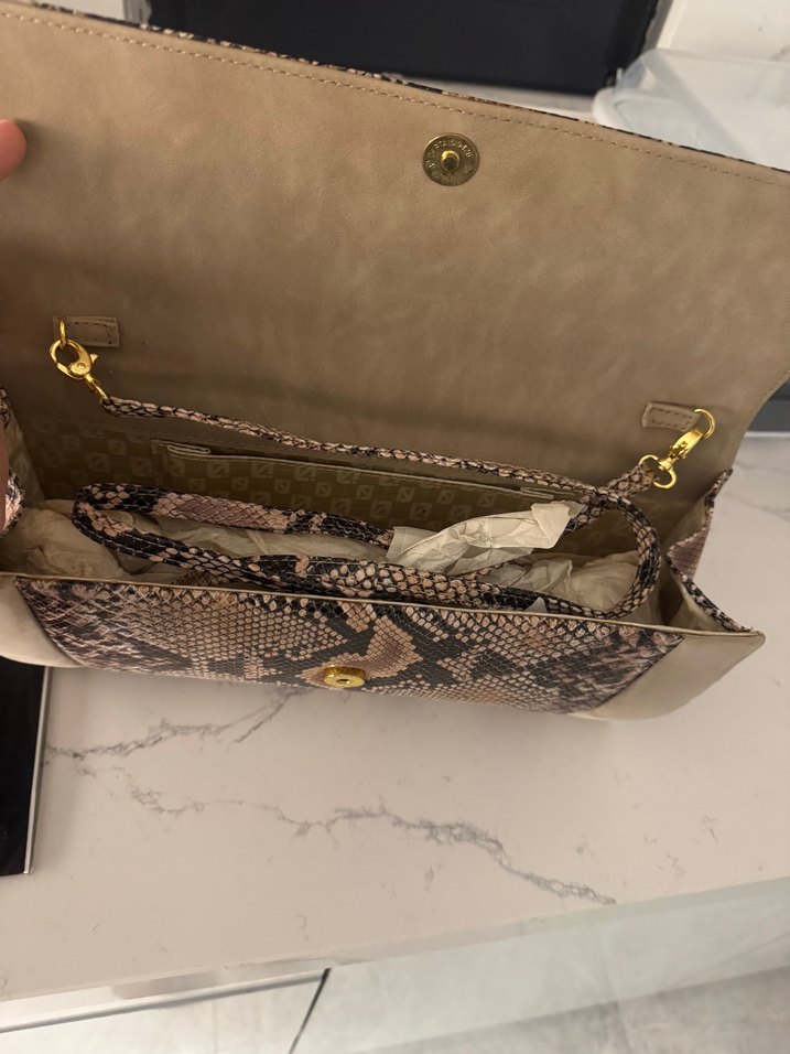 Kahverengi Deri Yılan Desenli Tokalı Clutch - Görsel 3