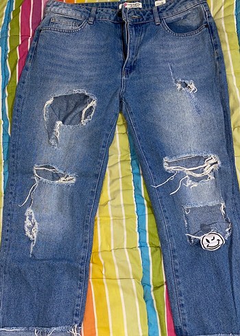 Renkli Bağcıklı Salaş Kot Pantolon - Görsel 4