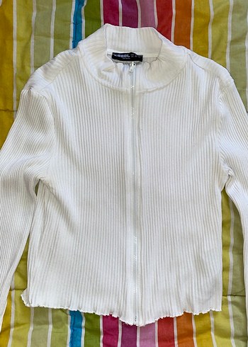 Beyaz Fermuarlı Uzun Kollu Kadın Triko - Görsel 3