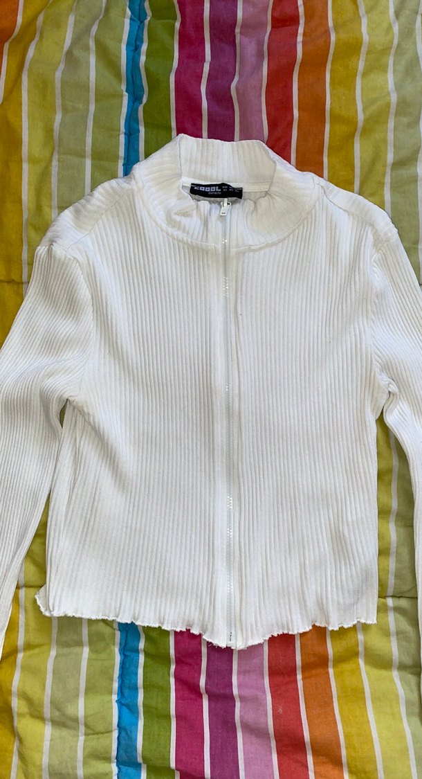 Beyaz Fermuarlı Uzun Kollu Kadın Triko - Görsel 3