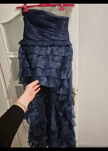 Lacivert Straplez Kat Kat Uzun Abiye Elbise - Görsel 2