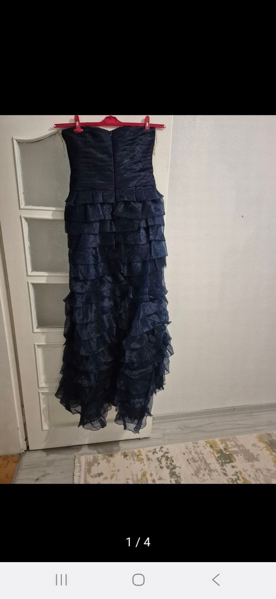 Lacivert Straplez Kat Kat Uzun Abiye Elbise - Görsel 4