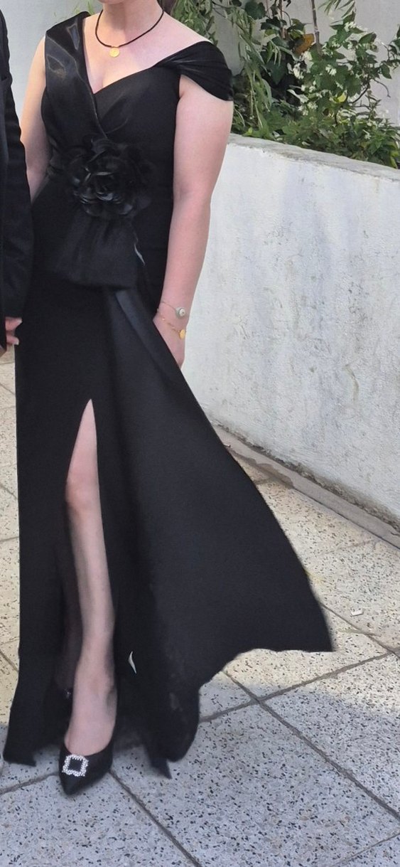 Drapeli Siyah Uzun Abiye Elbise - Görsel 3