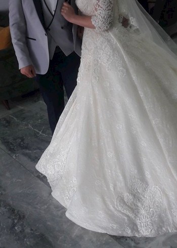 Uzun Kollu Beyaz Vintage Gelinlik - Görsel 5