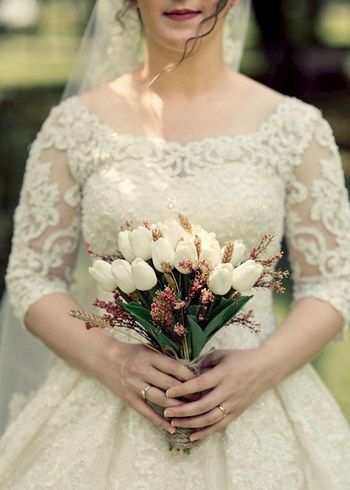 Uzun Kollu Beyaz Vintage Gelinlik - Görsel 6