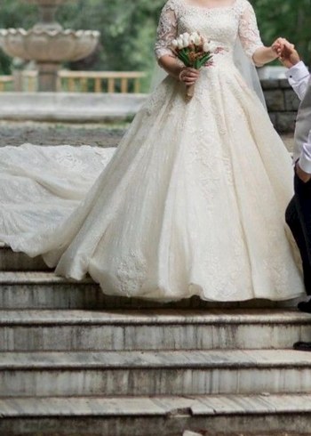 Uzun Kollu Beyaz Vintage Gelinlik - Görsel 3