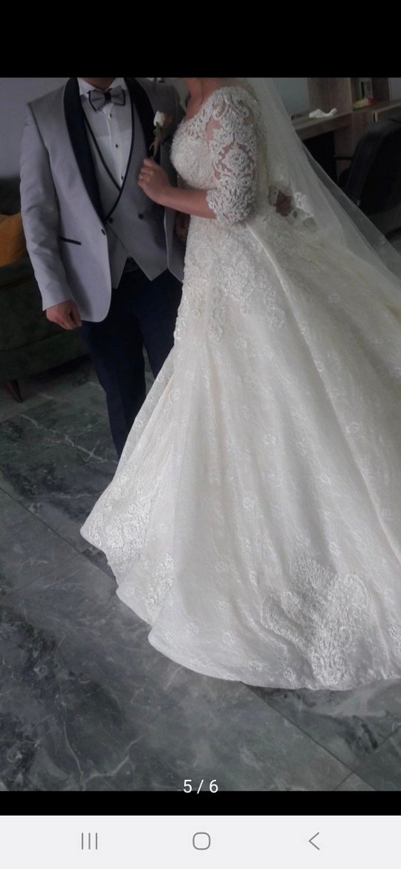 Uzun Kollu Beyaz Vintage Gelinlik - Görsel 5