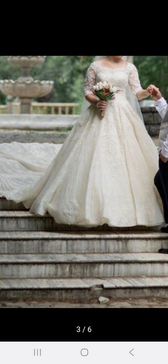 Uzun Kollu Beyaz Vintage Gelinlik - Görsel 3