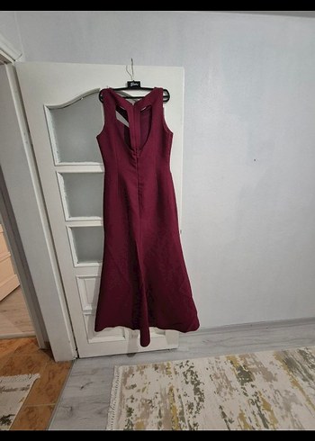 Bordo Uzun Drapeli V Yaka Abiye Elbise - Görsel 7