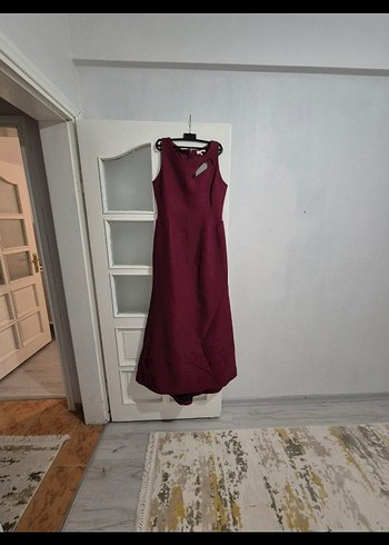 Bordo Uzun Drapeli V Yaka Abiye Elbise - Görsel 3