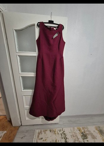 Bordo Uzun Drapeli V Yaka Abiye Elbise - Görsel 6