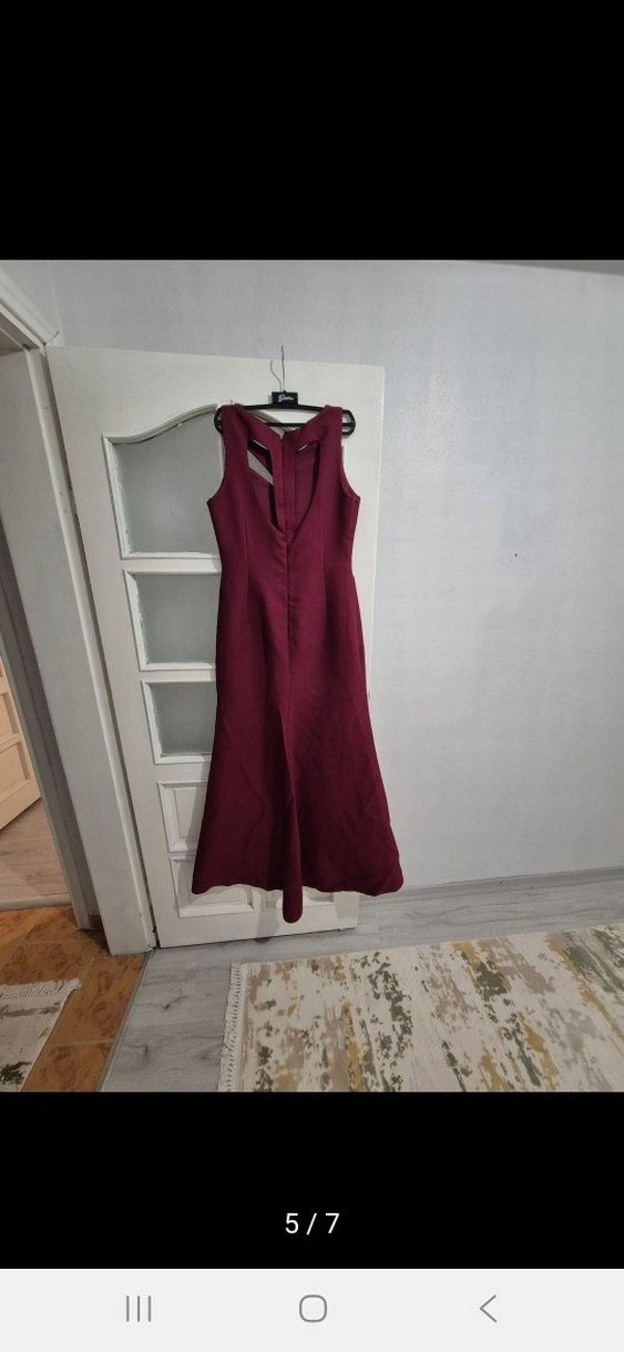 Bordo Uzun Drapeli V Yaka Abiye Elbise - Görsel 5