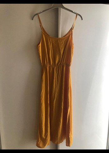 Düğmeli Sarı Midi Keten Elbise - Görsel 2